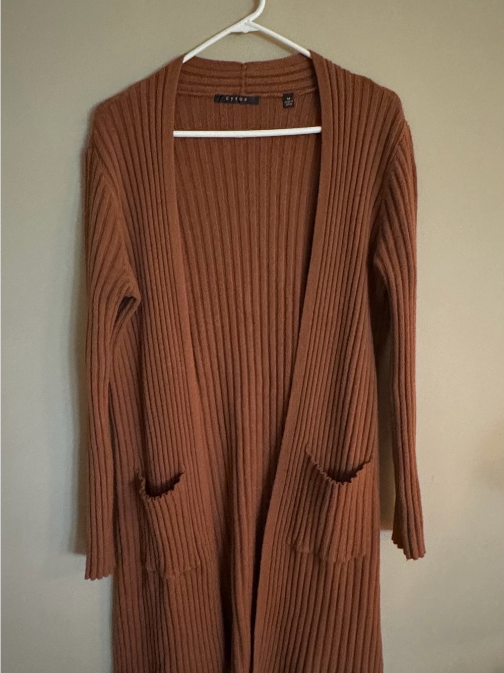 Cyrus Ribbed Open-Front Long Cardigan in Burnt Orange